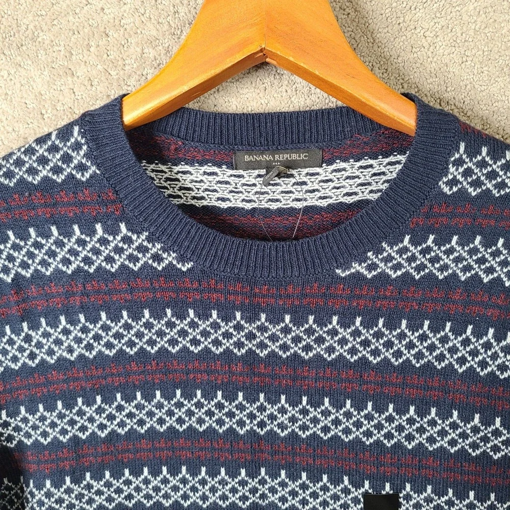 Banana Republic Sweater Mens M Blue Red Fair Isle Crew Neck Cotton Wool NEW